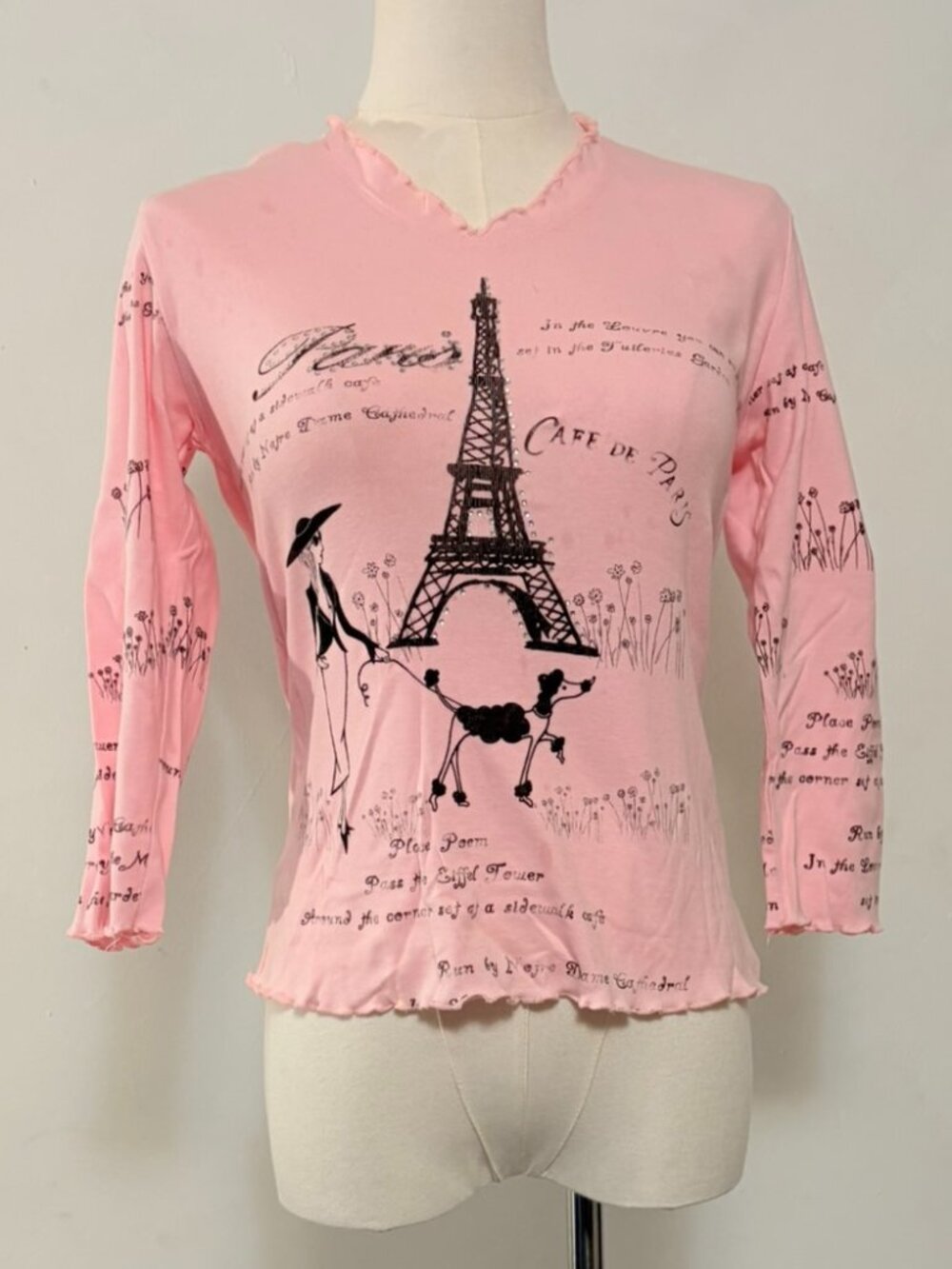 Cactus Pink Paris Graphic Top with Lettuce-Edge Trim – Y2K Era – Size Small